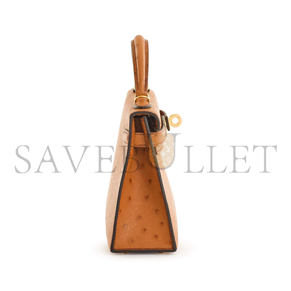 HERMÈS MASTER COGNAC OSTRICH MINI KELLY II GOLD HARDWARE (19*12*5.5cm)